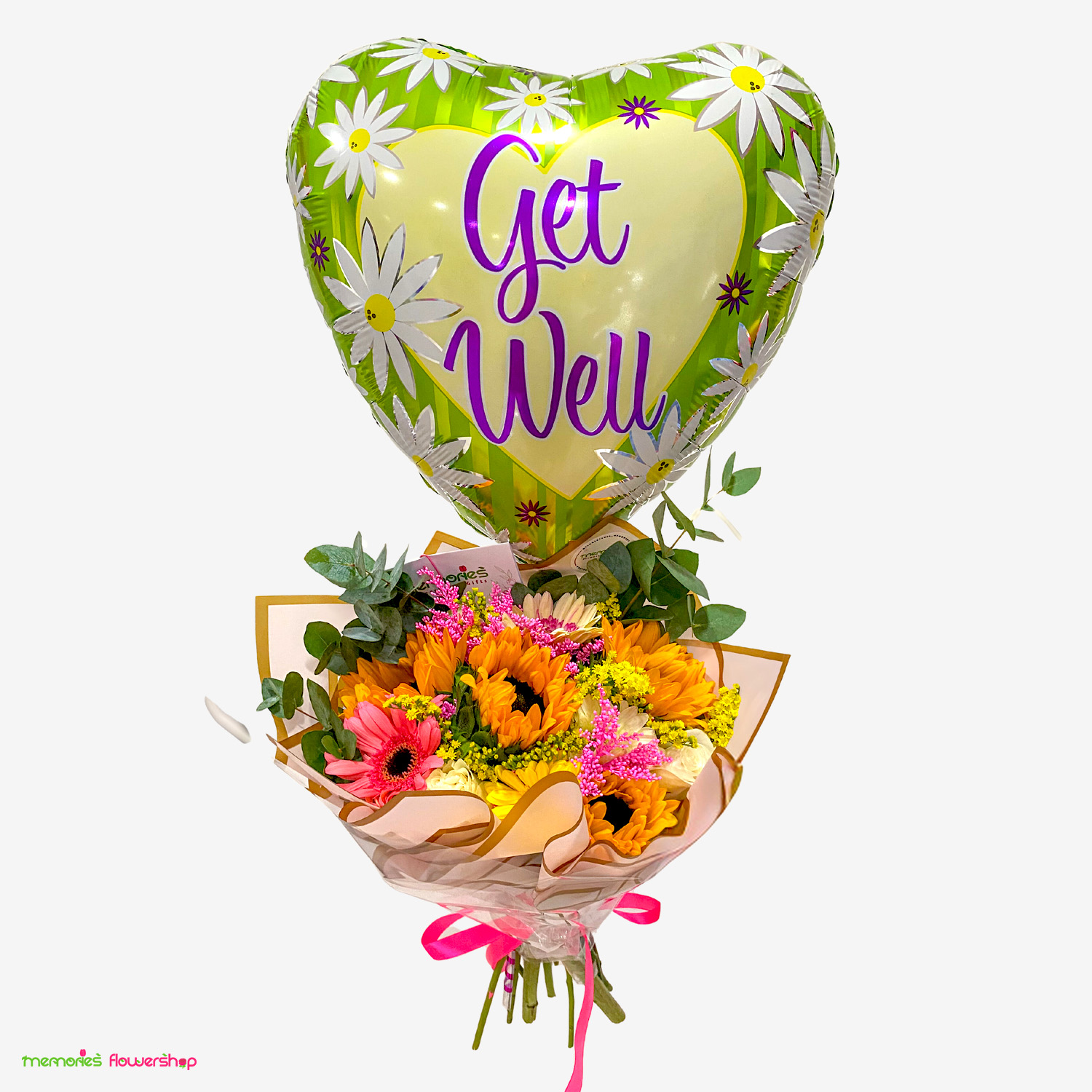 Ramillete con flores primaverales y globo de recuperación, ideal para ocasiones especiales Ramillete con girasoles, gerberas de colores, solidago amarillo y rosado, eucalipto, papel coreano y globo de recuperación