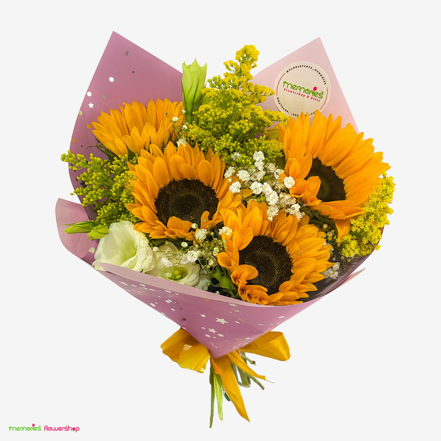 Ramillete con girasoles, lisianthus, solidago y follaje. Ramillete de girasoles, lisianthus, solidago y follaje.