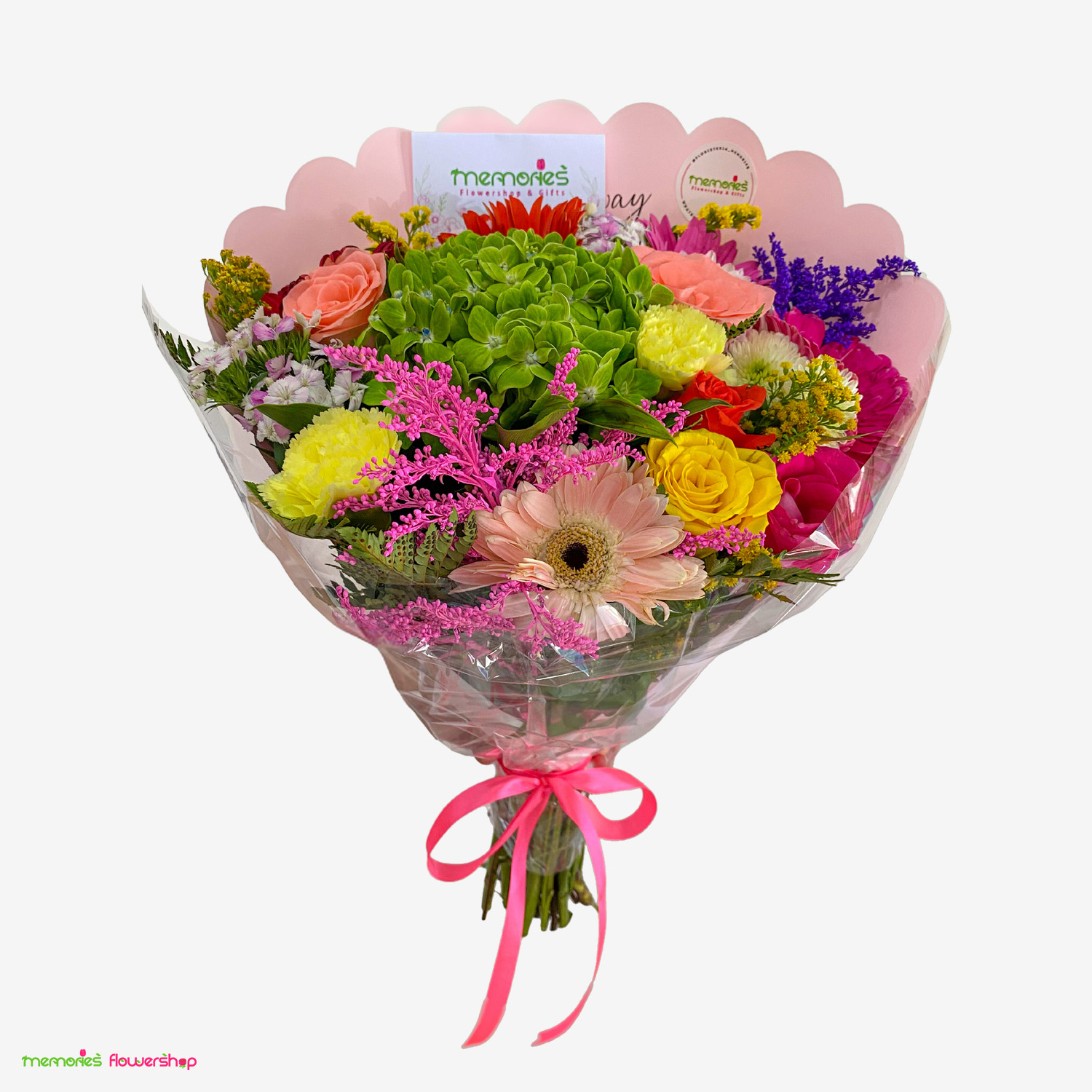 Ramillete primaveral con rosas, gerberas, hortensia, solidago, clavel, dianthus y follaje - Vista frontal Ramillete primaveral con rosas, gerberas, hortensia, solidago, clavel, dianthus y follaje - Vista frontal