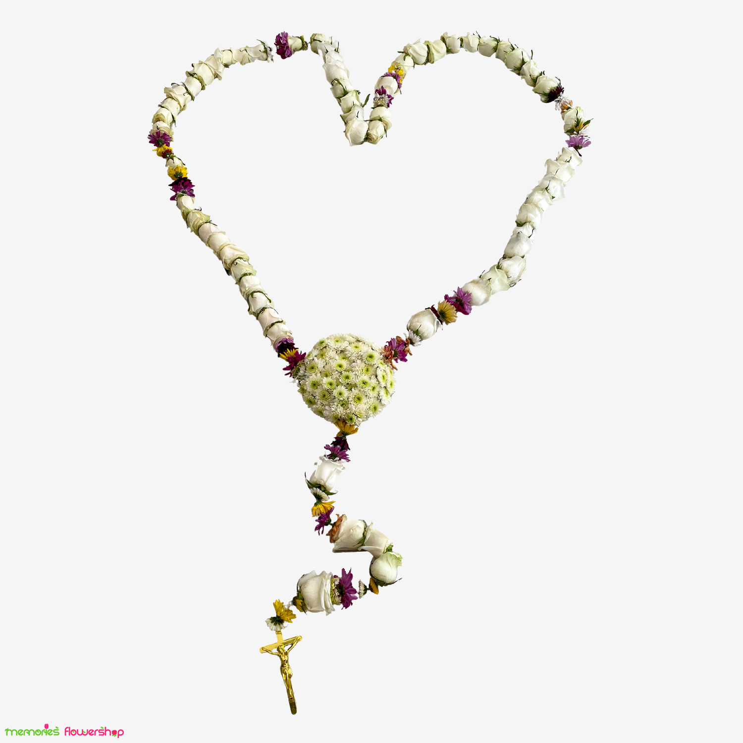 Elegante rosario con aproximadamente 50 rosas y margaritas de colores, adornado con una cruz dorada. Rosario con aproximadamente 50 rosas y margaritas de colores, decorado con una cruz dorada