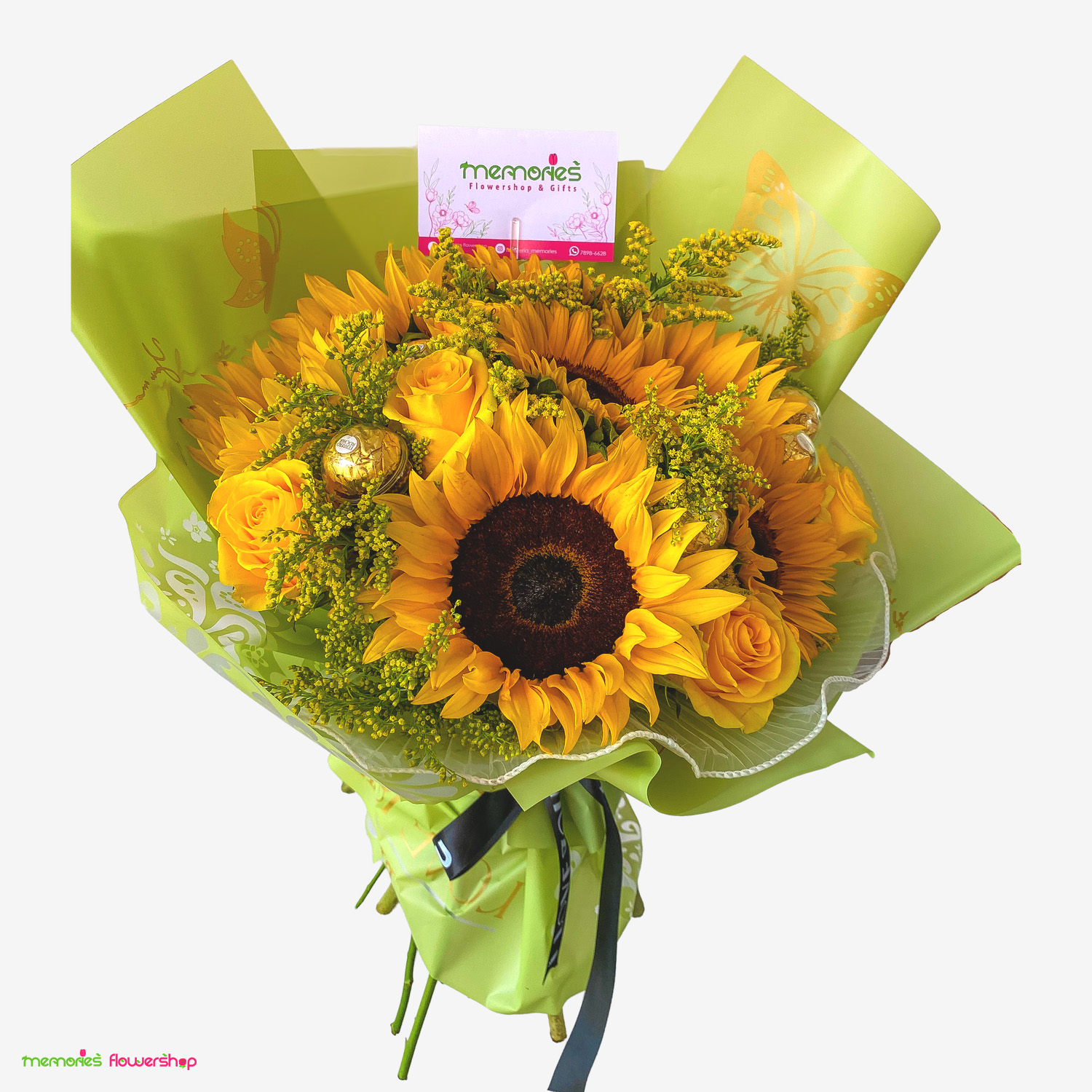 Arreglo vibrante con girasoles, rosas amarillas y chocolates Ferrero, ideal para celebrar el Día de las Flores Amarillas. Arreglo de girasoles, rosas amarillas y chocolates Ferrero