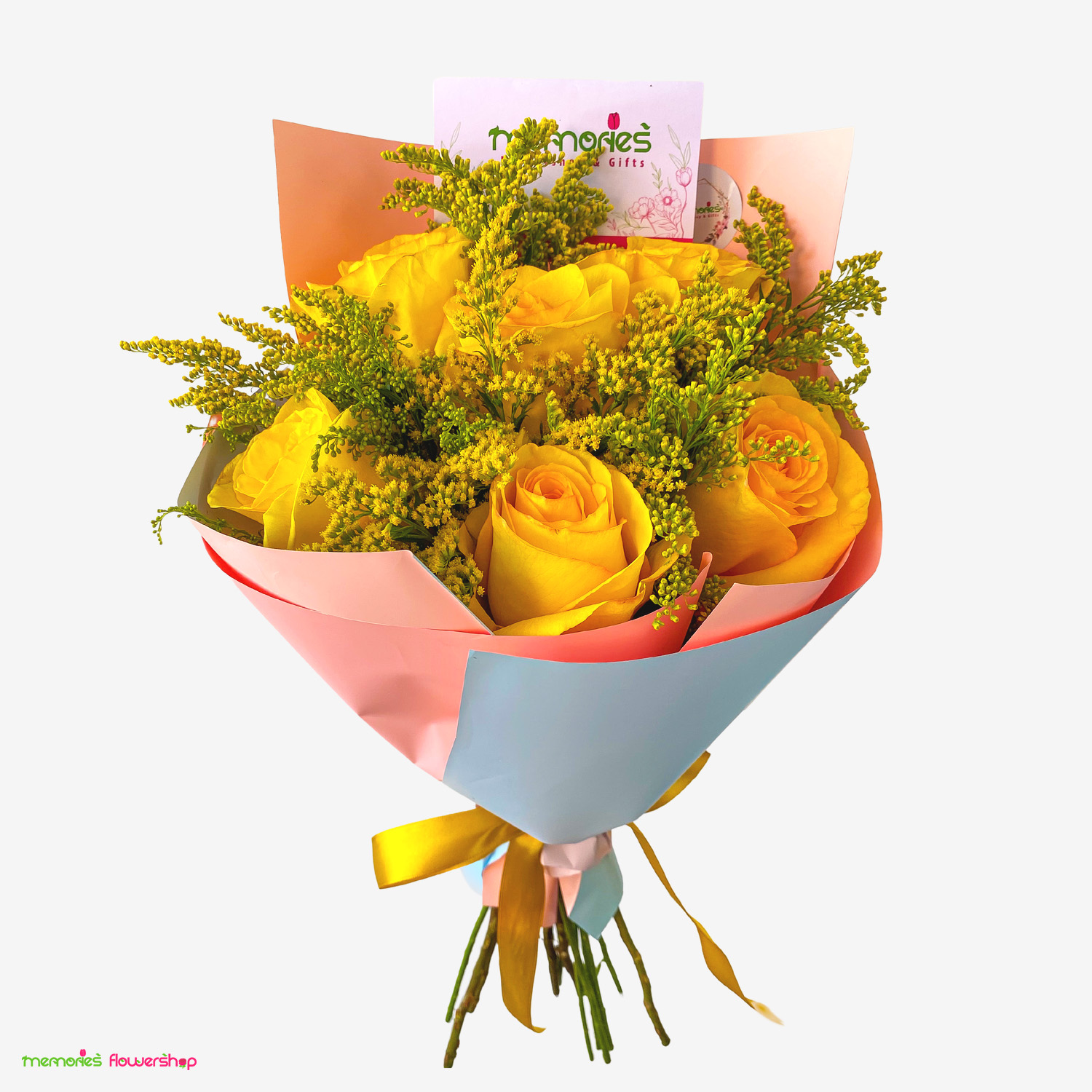 Un elegante cono con 6 rosas amarillas radiantes, acompañadas de solidago y follaje, perfecto para el Día de las Flores Amarillas. Cono de 6 rosas amarillas con solidago y follaje