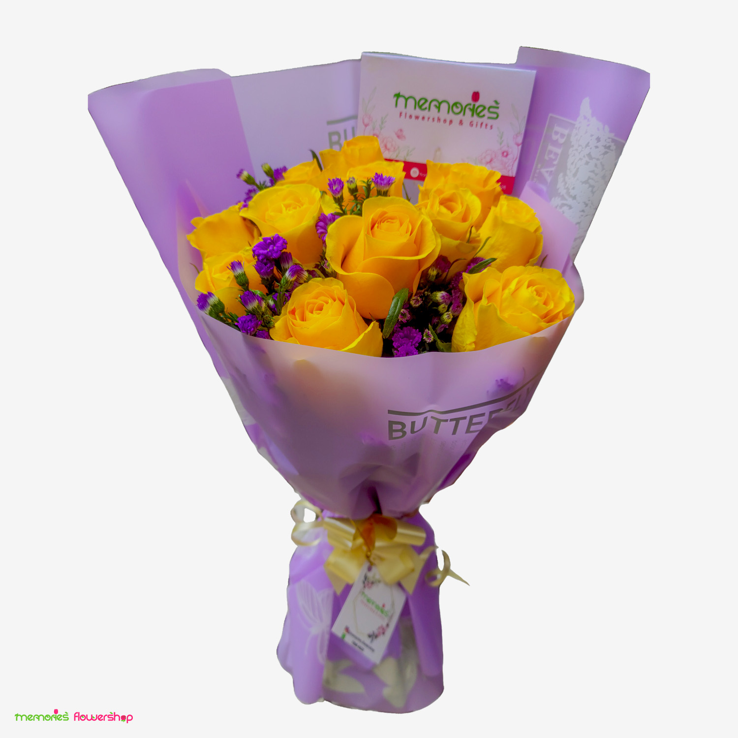 Elegante bouquet con una docena de rosas amarillas, follaje y montecasino morado, ideal para añadir un toque de color y sofisticación. Docena de rosas amarillas con follaje y montecasino morado
