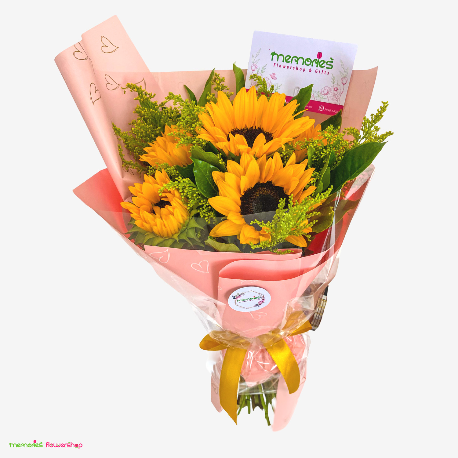 Hermoso ramillete de girasoles, solidago y follaje, perfecto para alegrar cualquier ocasión especial. Ramillete con girasoles, solidago y follaje