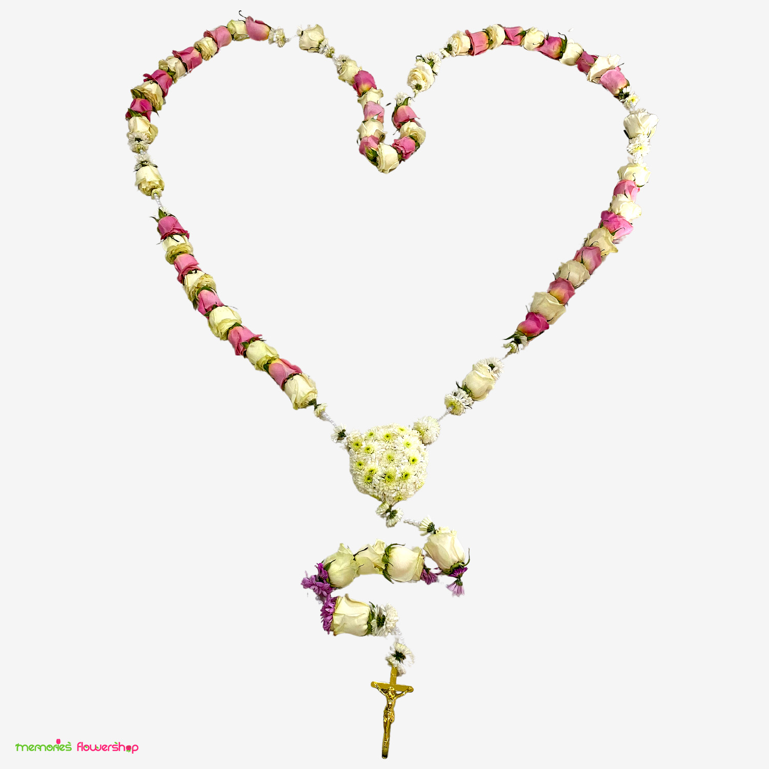 Impresionante rosario gigante con rosas blancas, rosadas y perlas blancas, ideal para homenajes y ceremonias solemnes. Rosario gigante con rosas blancas, rosadas y perlas blancas