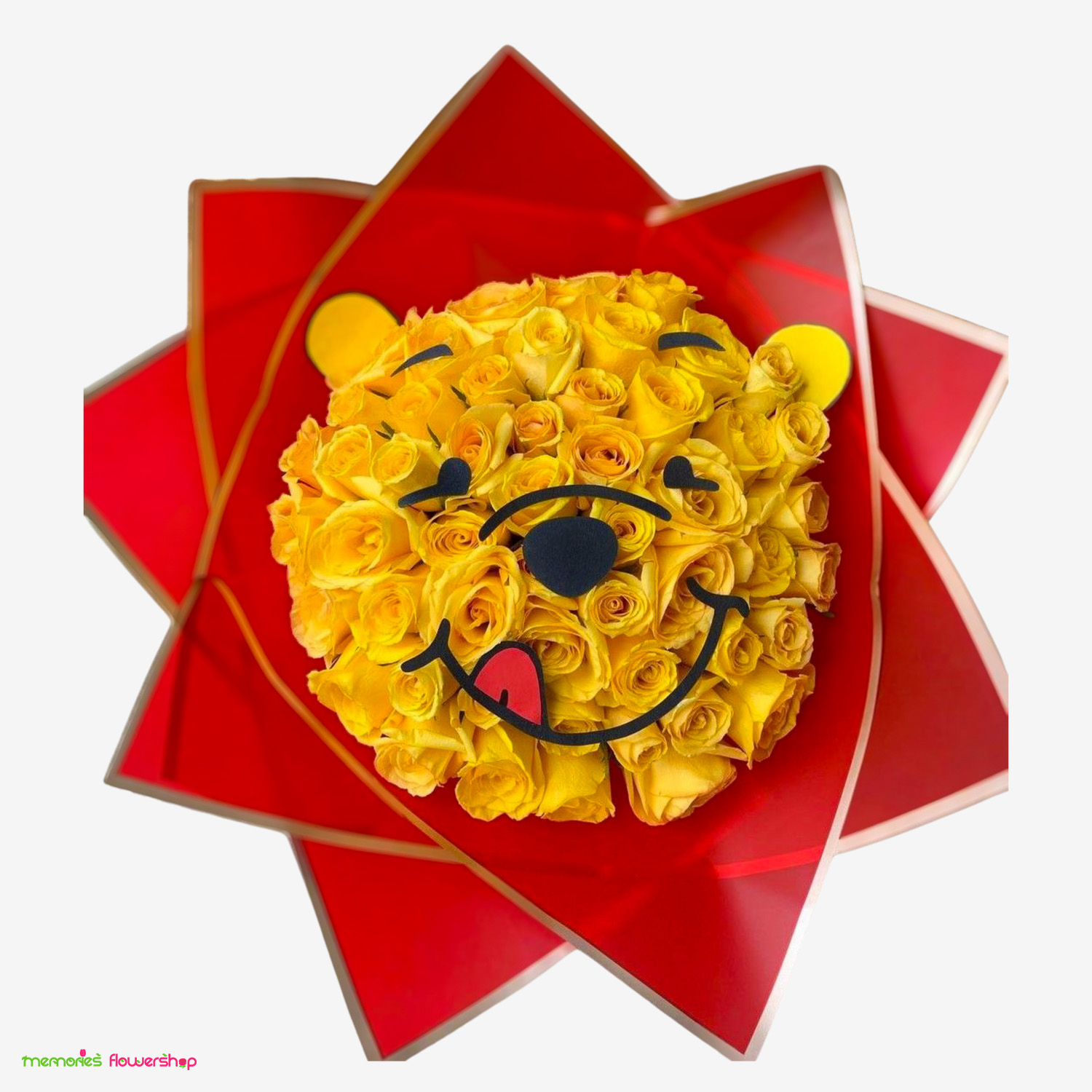 Encantador ramillete de 50 rosas amarillas con la silueta de Winnie, perfecto para celebrar el Día de las Flores Amarillas o cualquier ocasión especial. Ramillete con 50 rosas amarillas y silueta de Winnie the Pooh