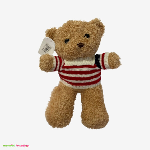 Osito de peluche con pelaje rizado y camiseta a rayas rojas y blancas.