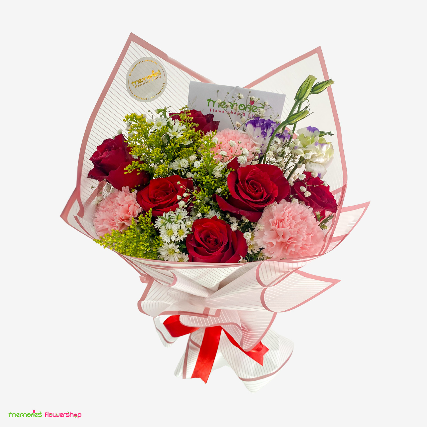 Ramo "Amor y Amistad": una hermosa combinación de rosas, claveles, baby breath y eucalipto. Ramo "Amor y Amistad" con rosas, claveles, baby breath y eucalipto