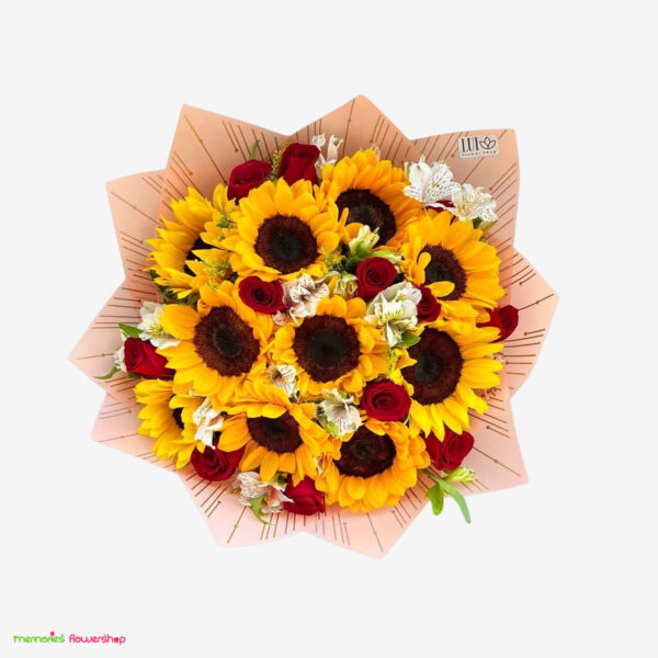 Ramo "Eres Mi Todo" con 12 girasoles, 12 rosas de Ecuador, alstroemerias y follaje
