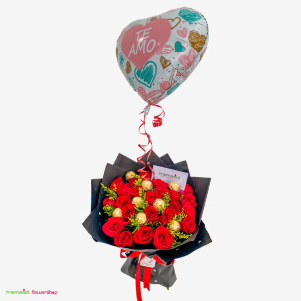 Ramo "La Reina" con 25 rosas de Ecuador, solidago, chocolates y globo con helio