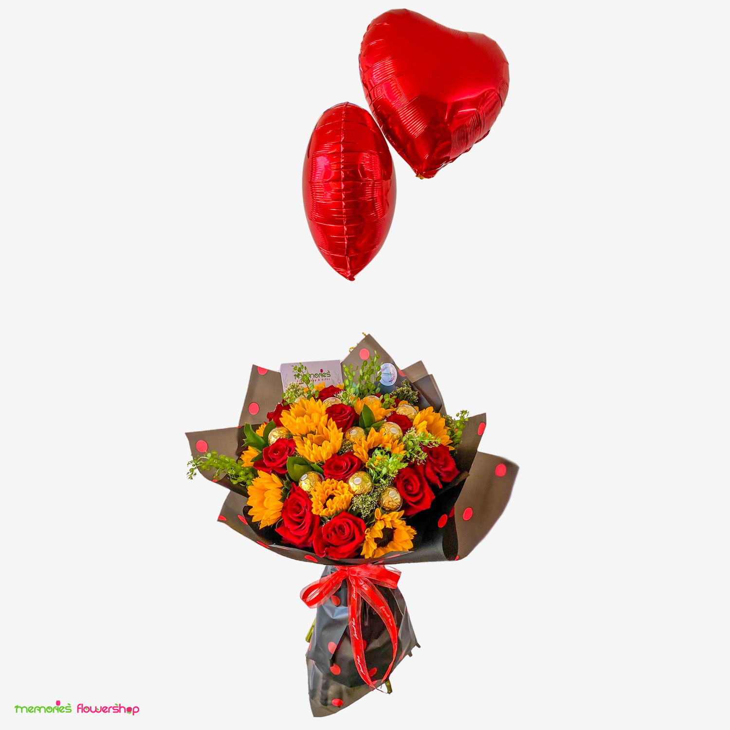 Ramo "Llegando a Ti": un vibrante arreglo floral con rosas de Ecuador, girasoles, chocolates Ferrero, follajes y dos globos con helio. Ramo "Llegando a Ti" con rosas de Ecuador, girasoles, chocolates Ferrero, follajes y dos globos con helio